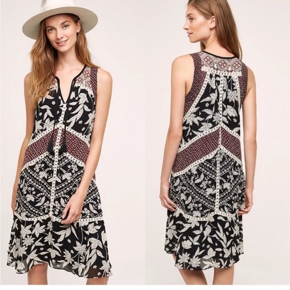 Anthropologie - Floreat Grasslands Boho Sleeveless Dress in Black and Burgundy